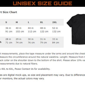 May include: Unisex t-shirt size chart with measurements in inches and centimeters. The chart shows sizes S, M, L, XL, and 2XL. The chart includes chest and length measurements.