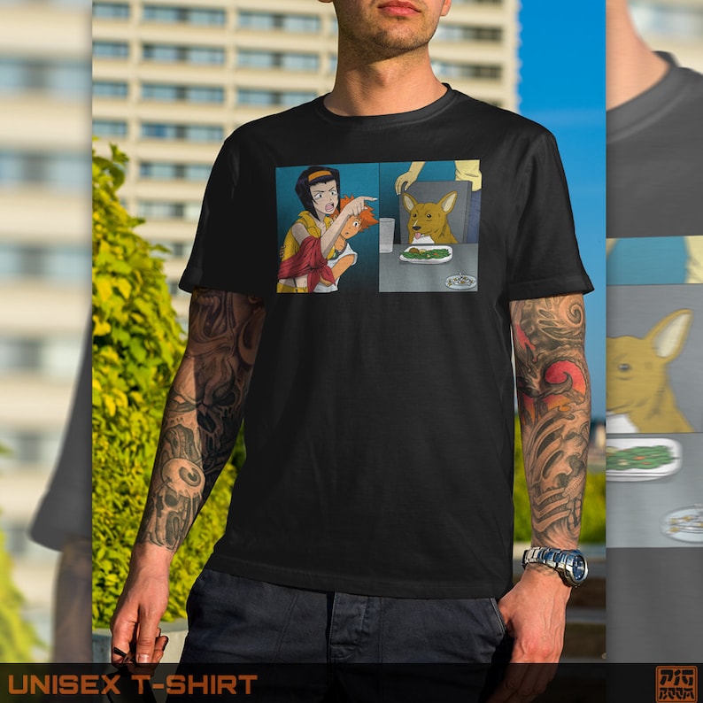 May include: Black t-shirt with a white and yellow image of a popular anime character pointing at a dog eating food from a plate. The text "This is fine" is written on the image.