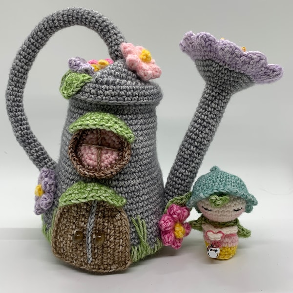 spring fairy house, watering can fairy house, fairy house, amigurumi fairy house, crochet fairy house pattern, crochet fairy house pdf