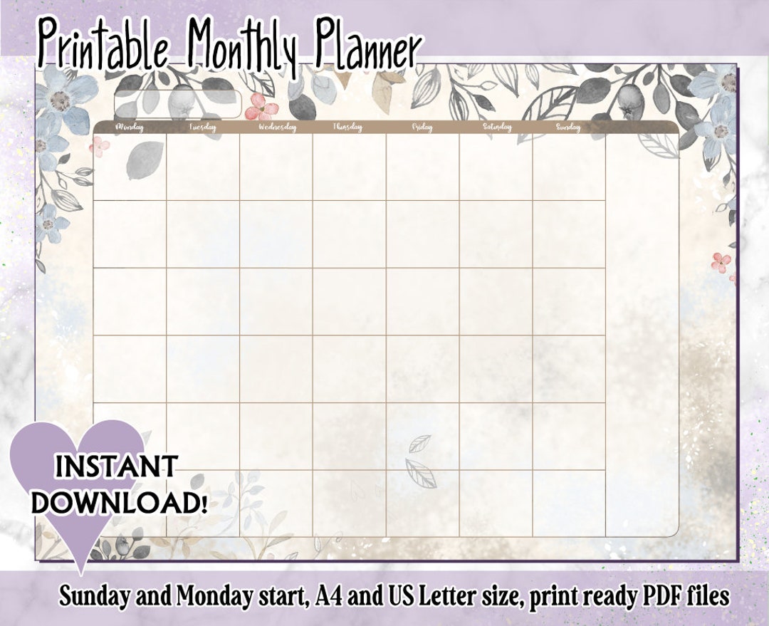 Printable Undated Monthly Calendar Monthly Planner Sunday Etsy