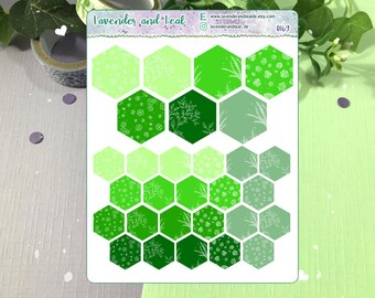 Green Floral Decorative Hexagon Stickers for Planners, Bullet Journal, Scrapbooking, Paper Crafts