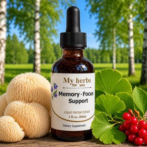 Puede incluir: Un frasco cuentagotas de vidrio marrón etiquetado My herbs for you Memory Focus Support Liquid Herbal Extract 2 fl. oz. (60ml) Dietary Supplement, colocado junto a tres hongos redondos, peludos y claros, y una rama de hojas verdes de ginkgo con bayas rojas.
