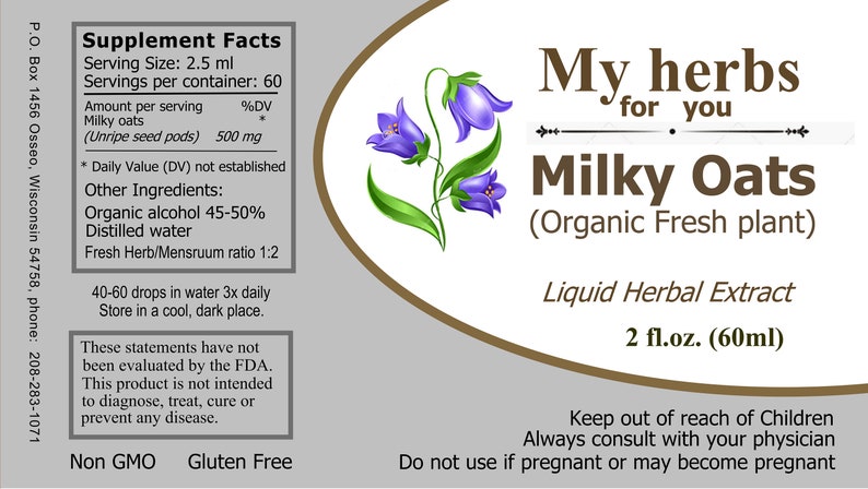 Pode incluir: Um r&oacute;tulo para uma garrafa de 60 ml de extrato de ervas l&iacute;quidas de aveia leitosa. O r&oacute;tulo &eacute; branco com texto castanho e um gr&aacute;fico de flores roxas. O r&oacute;tulo inclui o texto "Minhas ervas para voc&ecirc;" e "Aveia leitosa (planta fresca org&acirc;nica)".