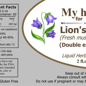May include: A brown label with white text for a 2 fl. oz. (60 ml) bottle of Lion's Mane liquid herbal extract. The label features a purple flower illustration and the text "My herbs for you". The label also includes supplement facts, ingredients, and a disclaimer.
