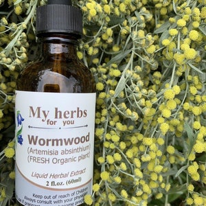 May include: A brown glass bottle with a black dropper top, labelled "My herbs for you Wormwood (Artemisia absinthium) (FRESH Organic plant) Liquid Herbal Extract 2 fl.oz. (60ml)" Keep out of reach of children Always consult with your physician use if pregnant or may become pregnant