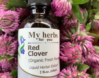 May include: A glass bottle with a dropper top containing red clover liquid herbal extract. The bottle is labeled "My herbs for you Red Clover (Organic Fresh flower Liquid Herbal Extract 2 fl.oz. (60ml)". The bottle is surrounded by pink clover flowers.