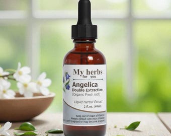 Peut inclure: Un flacon compte-gouttes en verre ambré avec un bouchon noir, portant une étiquette blanche indiquant My herbs for you, Angelica, Double Extraction, Organic Fresh root, Liquid Herbal Extract, et 2 fl.oz. (60ml) avec une fleur bleue.