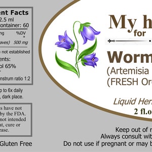 May include: A brown label with white text for a bottle of Wormwood liquid herbal extract. The label features a purple flower illustration and the text "My herbs for you". The bottle contains 60 ml of extract. The label also includes supplement facts, ingredients, and warnings.