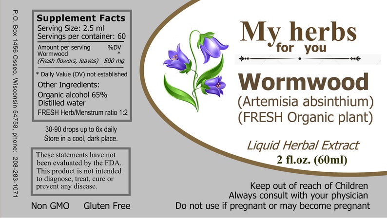 May include: A brown label with white text for a bottle of Wormwood liquid herbal extract. The label features a purple flower illustration and the text "My herbs for you". The bottle contains 60 ml of extract. The label also includes supplement facts, ingredients, and warnings.