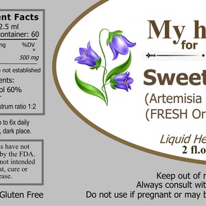 May include: A label for a 2 fl. oz. (60 ml) bottle of Sweet Annie (Artemisia annua) liquid herbal extract. The label features a purple flower illustration and the text "My herbs for you". The label also includes supplement facts, ingredients, and directions for use. The label states that the product is non-GMO and gluten-free.