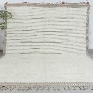 Ivory White Earthy Gray Striped Soft Wool Rug Moroccan Beni Ourain Hand Knotted Wool Rug, CUSTOMIZE In Any Size-MRB-10