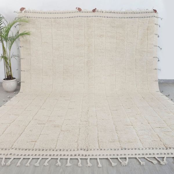 White Soft Wool Rug Moroccan Beni Ourain Hand Knotted Wool Rug, CUSTOMIZE In Any Size-MRB-5 V2