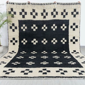 Cream Black Moroccan Beni Ourain Berber Bohemian Hand Knotted Wool Rug, CUSTOMIZE in any size-2318