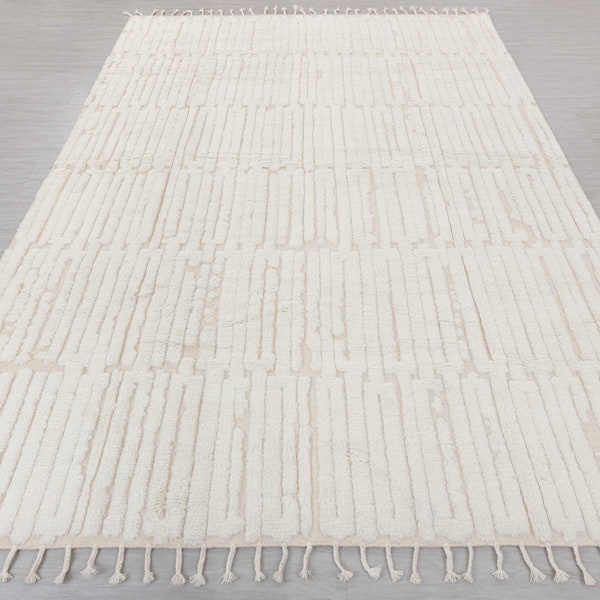 White Soft Wool Rug Moroccan Beni Ourain Hand Knotted Wool Rug, CUSTOMIZE in any size-MM-16