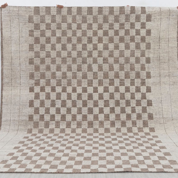 Brown Cream Cheque Soft Wool Rug Moroccan Beni Ourain Hand Knotted Wool Rug, CUSTOMIZE in any size-MRC-29 - 20443