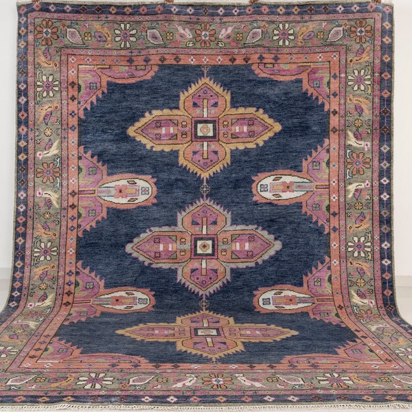 Dekorativer Blauer Kismet Moderner Oushak inspirierter handgeknüpfter Wollteppich P-1173