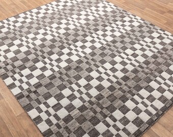 8x10 Grey White Box  Soft Wool Modern Design Rug Hand Knotted Hand Spun Wool Rug #766
