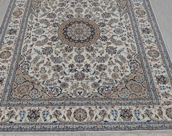 Ivory Cream Medallion High Quality Hand Knotted Persian Design Indo Nain Tabriz Wool Silk Rug-G-5432