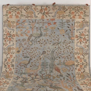Blue Cream Birds Garden Oushak Soft Hand Knotted Hand Spun Wool Rug #1140