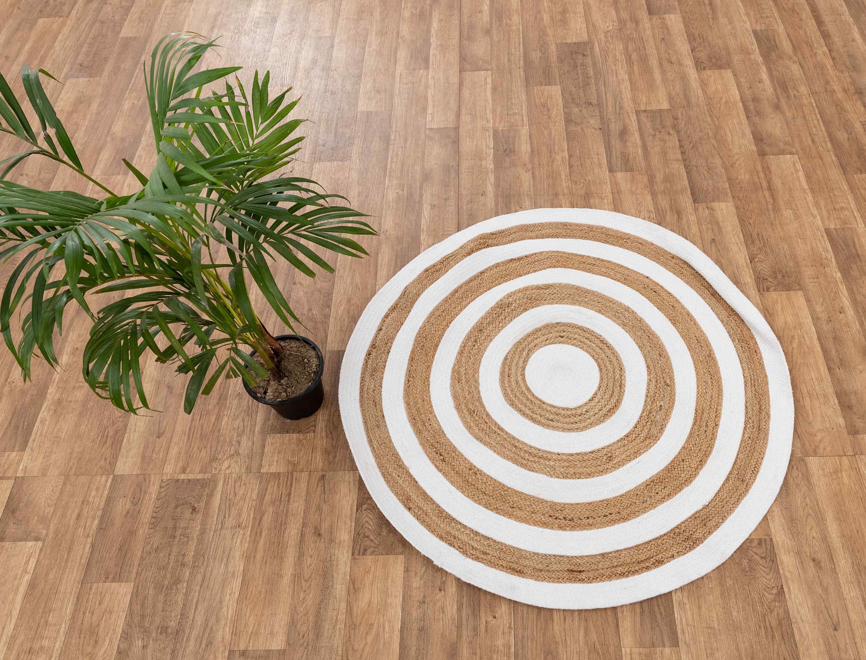 4x4 Round Rug Braided Jute Cotton With White Stripes.fps-4