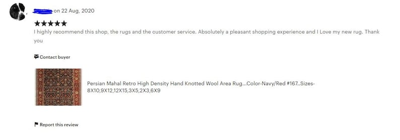 May include: A customer review for a Persian Mahal Retro High Density Hand Knotted Wool Area Rug in Navy/Red. The rug is shown in the image. The review states "I highly recommend this shop, the rugs and the customer service. Absolutely a pleasant shopping experience and I Love my new rug. Thank you." The rug is available in sizes 8x10, 9x12, 12x15, 3x5, 2x3, and 6x9.