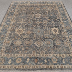 Tappeto Oushak annodato a mano in morbida lana, di qualità, 10x14, grigio antracite, blu, moderno, aspetto neutro - 2466