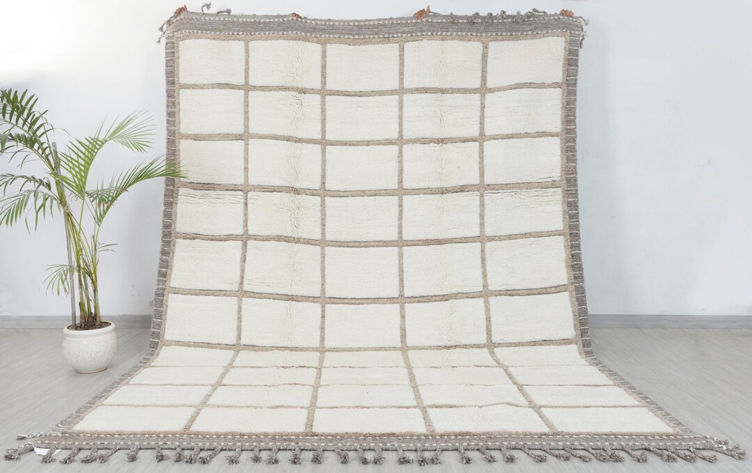 Ivory White Grey Moroccan Beni Ourain Berber Shag Boho Hand Knotted