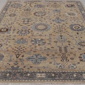 12x15 Beige Taupe Blue Beautiful Modern Oushak Turkish Style Soft Hand Knotted Wool Rug-5486