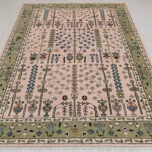 Soft Pink Green Classic Persian Tree of life Modern Designer  Soft Oushak Turkish Style Wool Ushak, 2217