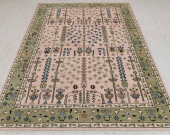 Soft Pink Green Classic Tree of life Modern Designer  Soft Oushak Turkish Style Wool Ushak, 2217