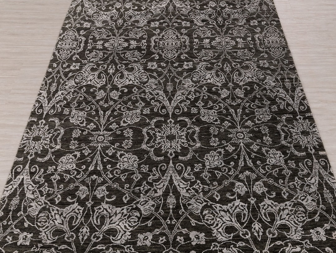 6X9 Rug Black Silver Floral Pattern Design Modern Handmade Rug, Wool ...