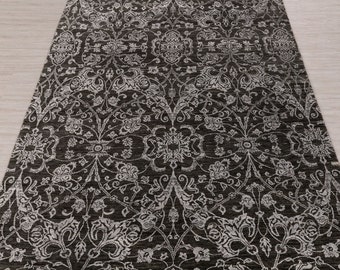 Dywan 6X9, czarno-srebrny, z nowoczesnym, ręcznie robionym wzorem kwiatowym, wełniany i jedwabny, nr 8444 (180x275 cm)