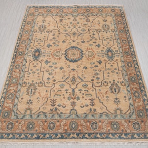 Beige Sand Rust Border Hand Knotted Wool Modern Oushak Inspired Rug #p-7677
