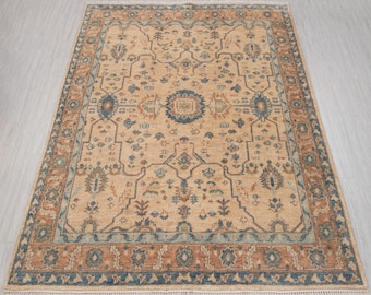 Beige Sand Rust Border Hand Knotted Wool Modern Oushak Inspired Rug #p-7677