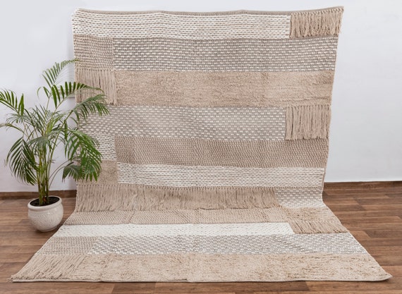Bohemian Decor Inspired Morrocan Style Handwoven Beige White Washable Cotton Rug, Customize in size. #MD-7....... In Stock Availability.
