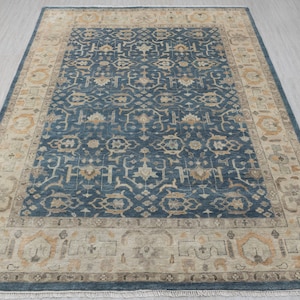 9x12 Blue Cream Turkish Style Oushak Soft wool Rug Hand Knotted Wool Rug 1887