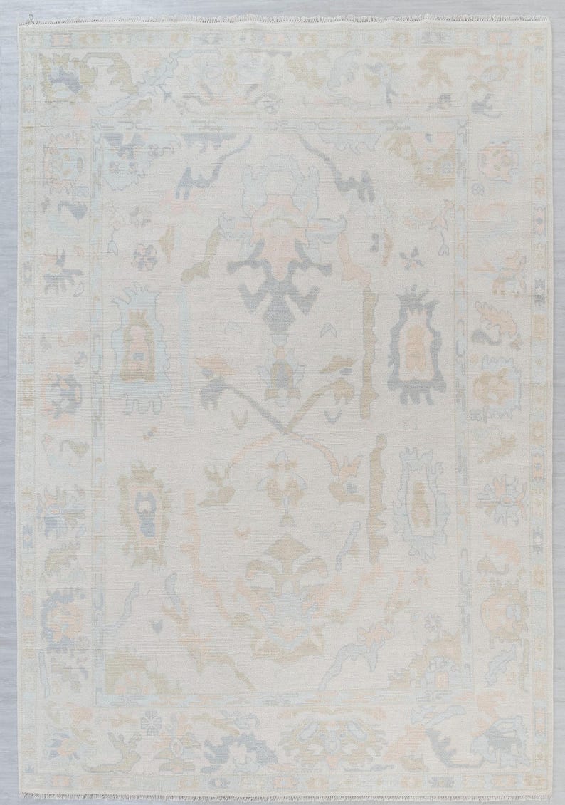 May include: A light beige rug with a delicate floral pattern in shades of blue, pink, and brown. The rug has a subtle distressed look and a fringed border.
