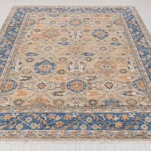 12x15 Beige Sand Blue Modern Oushak Hand Knotted Soft Wool Rug. G-12502