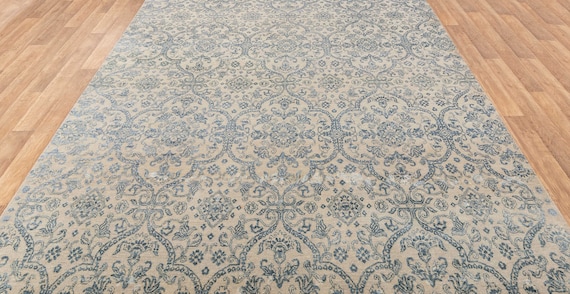 8x10 Rug Beige Blue Modern Floral Rug Handmade Wool Silk# 7427  (242x300 Cms.)