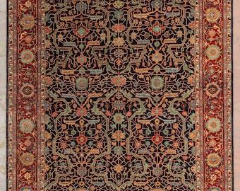 Alfombra de lana anudada a mano de alta densidad retro Mahal en color rojo marino, alfombra oriental persa n.° 167. Tamaño personalizado disponible.
