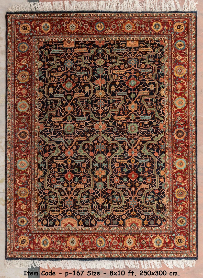May include: A traditional Persian rug with a dark blue background and intricate floral patterns in shades of red, orange, green, and blue. The rug has a wide border with a repeating design. Item Code - p-167 Size - 8x10 ft, 250x300 cm.