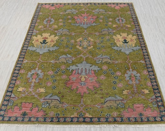Green Modern William Morris Arts & Crafts Style Soft Wool Hand Knotted Oushak Rug l Free Shipping l G-9420