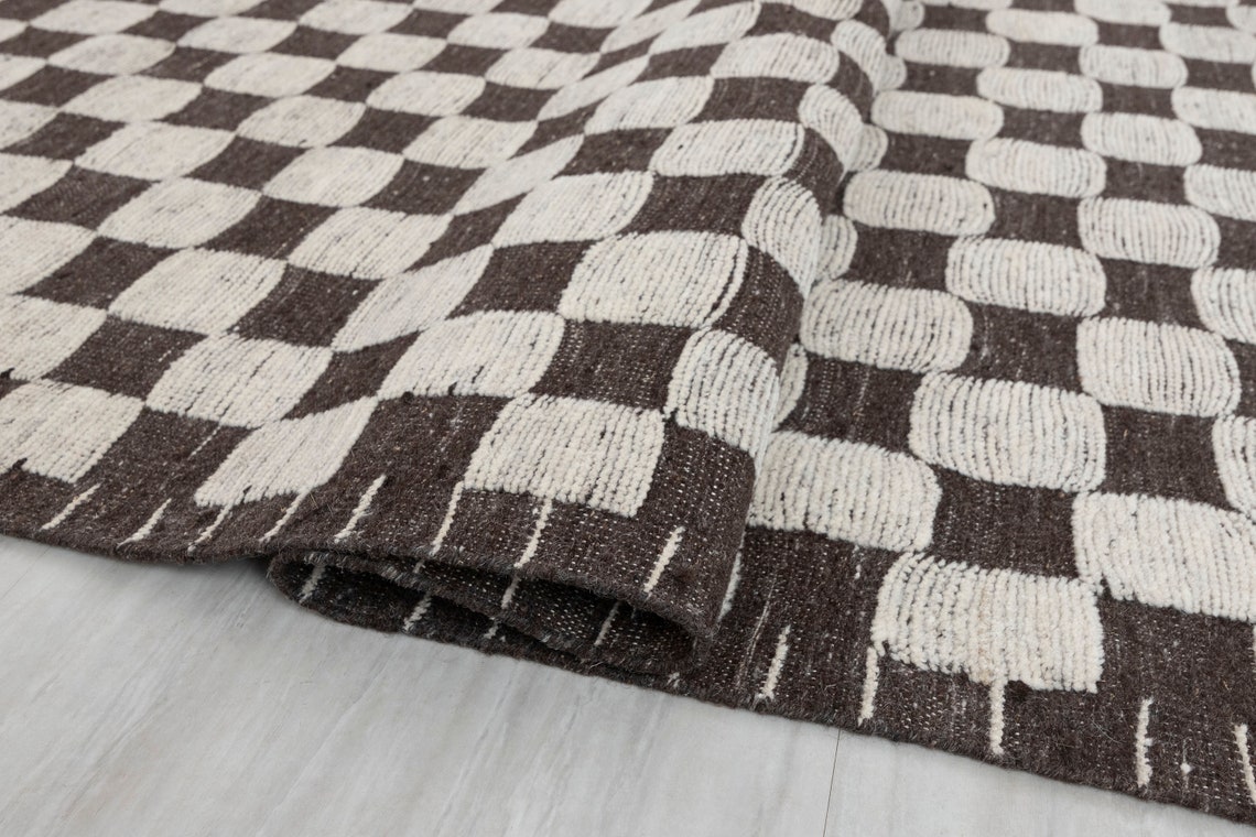Ivory Charcoal Brown Cheque Soft Wool Rug Moroccan Beni Ourain Hand ...