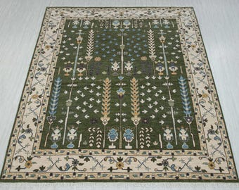 Classic  Dark Green Ivory Tree of life Modern Designer  Soft Oushak Turkish Style Wool Ushak,CUSTOMIZE in any Size.6235