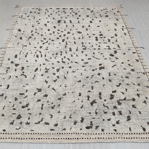 9x12 Cream Brown Modern Distressted Moroccan Inspired Hand Knotted Wool Rug P-1821 (TRP-01)