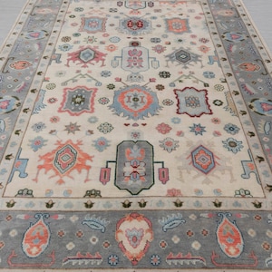 10x14 Crema Grigio Turco Stile Oushak Morbido Tappeto in lana Annodato a Mano Tappeto #SE-114
