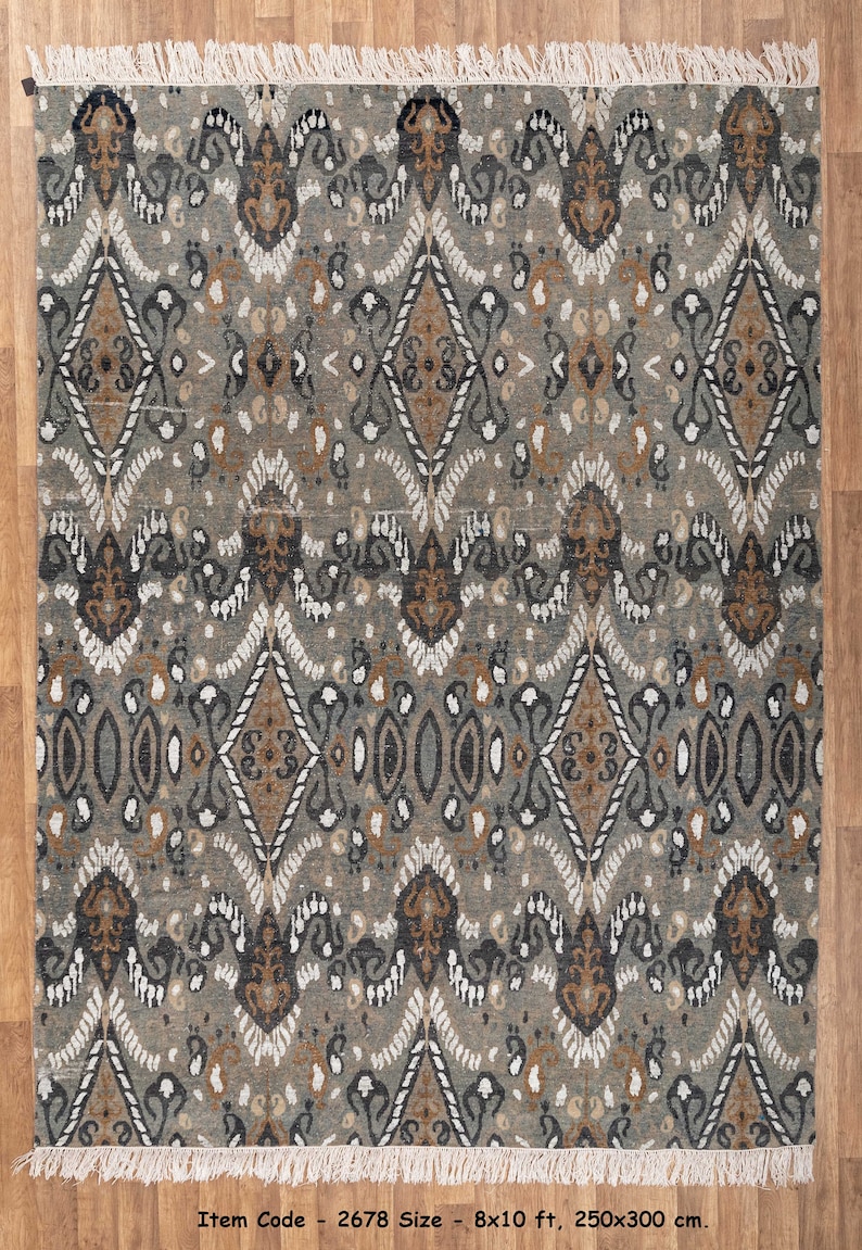8x10 Area Rug Wool Ikat Low Pile Vintage Finish Rug #2678(242x300 Cms.) image 1