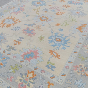 Cream Grey Colorful  Premium Hand Knotted Modern Oushak Rug Premium Wool Hand Knotted Turkish Inspired, #2409