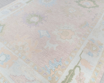 Light Pink Light Blue Muted Modern Oushak Rug Premium Wool Hand Knotted Turkish Inspired, #2345 Blossom CUSTOMIZE in any size..