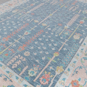 Blue Pink Garden Pine Tree Of life Rug Modern Oushak Rug Premium Wool Hand Knotted Turkish Inspired, #2524